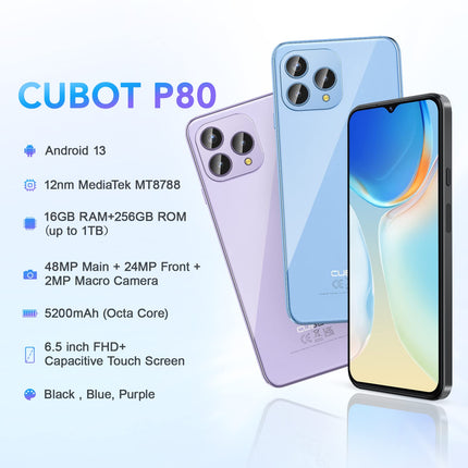 CUBOT P80 – 6,5-tolline FHD+ nutitelefon, 8 GB ja 256 GB, 48 MP kolmekordne kaamera, 5200 mAh aku, Android 13, kaheksatuumaline protsessor, lilla värv
