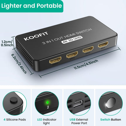 HDMI-lüliti automaatne, HDMI-lüliti 4k jaotur 3 sisse ja 1 välja, lüliti kaugjuhtimispuldiga, jaotur toetab UHD 4K 3D HDR HDCP1.4 TV Stick Xbox PS4 Blu-Ray DVD jaoks