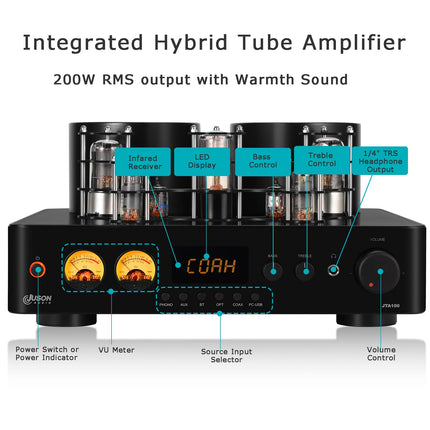 Juson Audio JTA100 200W Vacuum Tube Amplifier Integrated Hybrid With BT 5.0 Optical AUX RCA Phono Input and Headphone Output 2.1CH Class AB HiFi Home Audio for Turntable