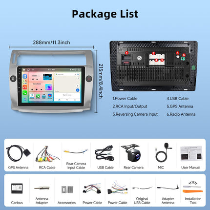 【8 tuumalist 6+128G】 Hodozzy Carplay autoraadio Citroën C4 2004-2009/C-QUATRE 2008-2011 jaoks, Android autoraadio navigatsiooniga, 9-tolline puuteekraan Android Auto/peegliühenduse/WiFi/GPS/RDS/FM/Bluetooth/USB/DSP-ga
