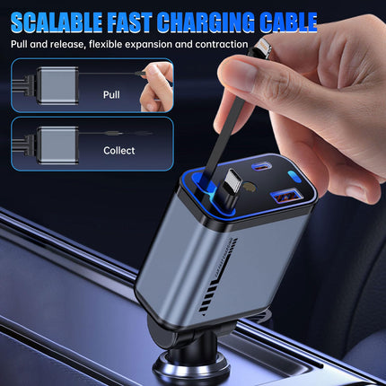 4-in-1 Retractable Car Charger, 120W Fast Charger Car Adapter, Dual USB-C Car Cigarette Lighter Charger, Compatible with iPhone 15/14/13/12, Samsung Galaxy S24, iPad Pro, PD30W &amp; QC3.0