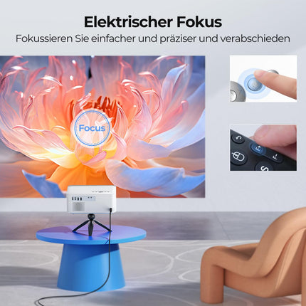 Projector Home Theater Native 1080P HD Supports 4K, Video Projector with Android TV 【Electric Focus &amp; Auto Keystone Correction】 WIFI6 Bluetooth, Smart Projector 750 ANSI with Tripod for Outdoor/Mobile Phone/PC