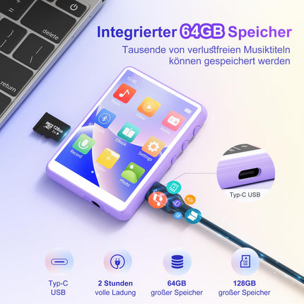 MECHEN Bluetooth 5.3 MP3-mängija puutetundliku ekraaniga, 64 GB MP3-mängija kõlariga, HiFi-heli, FM-raadio, muusika, video, e-raamatud, diktofon, kaitseümbris kaasas