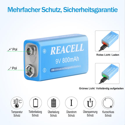 REACELL 2 Pack 9V Block Battery 800mAh USB Rechargeable Lithium Battery 1.5 Hours Fast Charging 9V Battery Suitable for Smoke Detectors