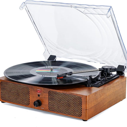 Bluetooth vinyl record player with built-in speakers, supports USB RCA output, Aux-in headphones, auto-stop, 3-speed belt drive, portable phonograph for entertainment and decoration
