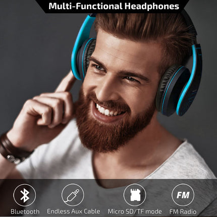 PowerLocus juhtmevabad kõrvaklapid, Bluetooth-kõrvaklapid mikrofoniga, kokkupandavad, pehmed kõrvapadjad, Hi-Fi stereobass, juhtmevabad ja juhtmega peakomplekt lastele/täiskasvanutele/telerile/arvutile/kodukontorisse (sinine)