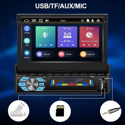 CAMECHO 1 DIN Carplay/Android Auto/Peeglingi autoraadio ekraaniga, 7-tolline mootoriga pikendatav puutetundlik ekraan, autoraadio Bluetooth peeglilingiga (Android/IOS) + väline mikrofon + tahavaatekaamera