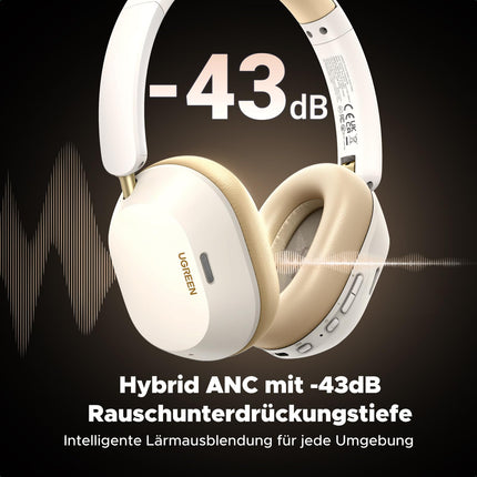 UGREEN HiTune Max5c Bluetooth-kõrvaklapid adaptiivse aktiivse mürasummutusega, kõrglahutusega heli, LDAC, 75-tunnine aku, Bluetooth 5.4, ruumiline heli, ekvalaiser rakenduses, topeltühendus (valge)