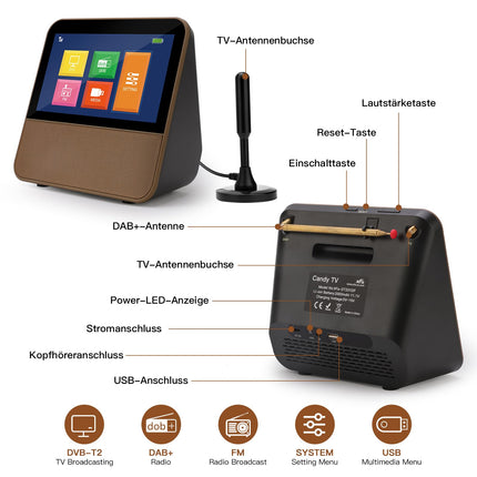 HassoKon Digital Portable TV DVB-T2, 1080P HD Mini TV DAB+, DSP Digital TV USB Media Player for Caravan, Car and Camping Kitchen TV Bedroom, Travel, Kitchen (Gold)