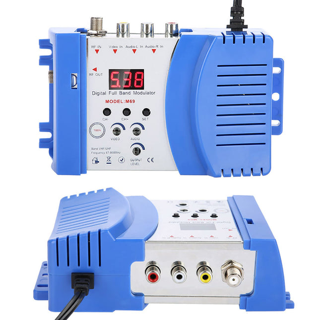 Lairiba audio/video RF-modulaator, digitaalse ekraaniga RF-modulaator AV-RF AV-TV muundur VHF UHF, ergonoomiline RF-modulaator LED-iga satelliitvastuvõtja/videokaamera/videomaki/DVD jaoks