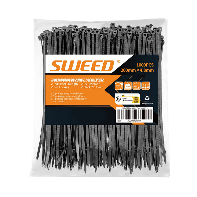 SWEED Cable Ties Black 200mm x 4.8mm, 1000 Pieces Cable Ties UV Resistant, Black Cable Ties with 22Kg, Tensile Strength Can Be Used Indoors and Outdoors