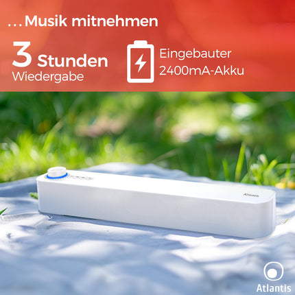 Atlantis Soundbar PC 20W, arvutikõlar, 3,5 mm pesa + Bluetooth 5.3 nutitelefonile, FireTV-le, plaadimängijale, 2400 mhA aku, FM-raadio, arvutikõlar, kaasaskantav, teler, nutitelefon 420x60x74 mm P003-C0820-B