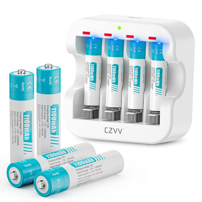 czvv laetavad akud AAA liitium 1,5 V - suure mahutavusega 1100 mWh - 1300 laadimistsüklit - 8 akut laadijaga, 2 tundi kiirlaadimist, pidev väljund, madal isetühjenemine