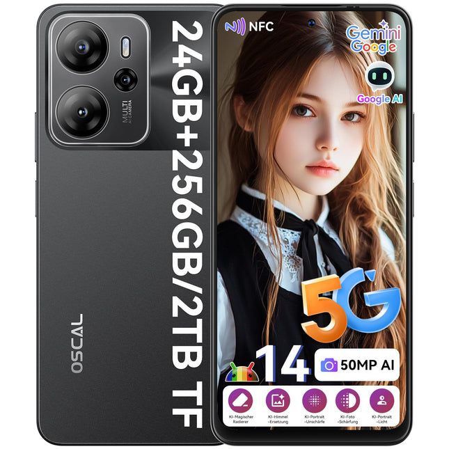 OSCAL Tiger 13 5G mobiiltelefon ilma lepinguta Gemini AI 24GB+256GB/2TB, Android 14 nutitelefon ilma lepinguta 6.67" HD+ 90Hz, 50MP AI kaamera, 4K video, 5000mAh/kiirlaadimine/OTG, topelt-SIM/näotuvastuse/sõrmejäljelugeja/NFC