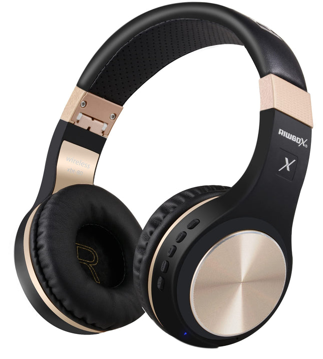 Riwbox Bluetooth kõrvaklapid, XBT-80 kokkupandavad juhtmevabad stereo kõrvaklapid mikrofoni ja helitugevuse regulaatoriga, kaabliga või ilma, arvuti/mobiiltelefonide/teleri jaoks (must ja kuldne)
