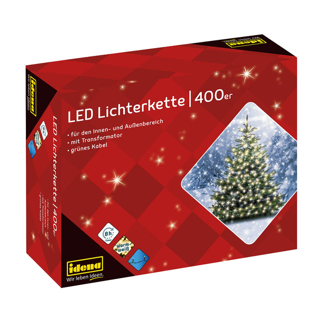 Idena 31123 - LED light chain with 400 LEDs in gold-yellow, with 8-hour timer function and transformer, approx. 47.9 m long, decoration for indoor &amp; outdoor use, as party decoration, Christmas decoration, for weddings