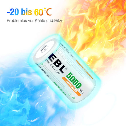 EBL Baby C Battery 5000mAh - NI-MH Rechargeable Battery 4-Pack with Storage Box, 1.2V Type C Battery
