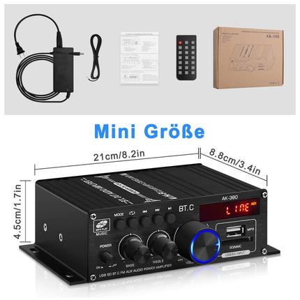 AK-380 Bluetooth 5.0 HiFi Amplifier 2.0-Channel 40W x 2 Max. 400W Mini Amplifier Stereo Audio Power Amplifier Receiver with USB SD Slot, FM Radio for Car and Home Speakers
