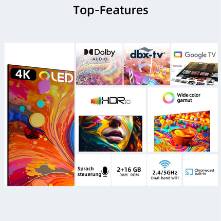 CHIQ 43-tolline QLED 4K nutiteler, Google Home, Netflix, Prime Video, WiFi, Bluetooth 5.0, Dolby Audio, Google Assistant, Chromecast, kolmekordne tuuner, 2024