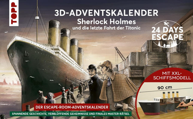 24 PÄEVA PÕGENEMINE 3D advendikalender – Sherlock Holmes ja Titanicu viimane reis: XXL-suuruses puslelaeva ja 24 põneva pusle, salapäraste esemete ja digitaalsete lisadega