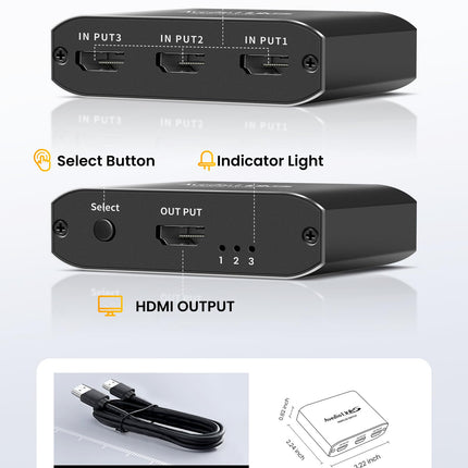 HDMI-lüliti 3-ühes väljundiga 3,9 jala pikkuse HDMI-kaabliga, Avedio Links alumiiniumsulamist HDMI-lüliti, 4K 60Hz HDMI-lüliti toetab Dolby Atmost, HDMI-jaotur 3-ühes väljundiga PS5 Xbox Roku TV Fire Sticki jaoks