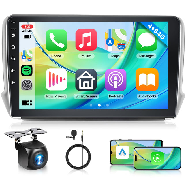 Rimoody 4+64G Android autoraadio Peugeot 2008 208 2012-2018 10,1-tollise HD autoraadio Carplayga Android Auto traadita GPS peegliühendusega Bluetooth FM/RDS/DAB/DVR/EQ/USB roolil juhtimisega tahavaatekaamera