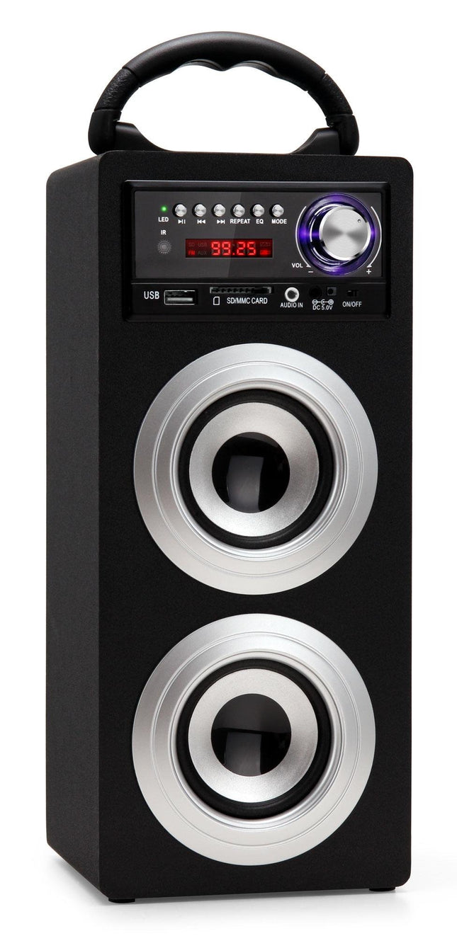 Beatfoxx Beachside BS-20BTS Portable Bluetooth Speaker - Portable battery-powered speaker with USB and SD ports - FM radio, AUX input, carrying handle, and remote control - Silver