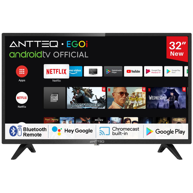 Antteq AG32H3 nutiteler 32 tolli (80 cm) Android TV, Google Bluetooth häälassistent, kolmekordne tuuner (DVB-C/S2/T2), ühildub Google Play poega (DAZN/Netflix/Prime Video), WiFi