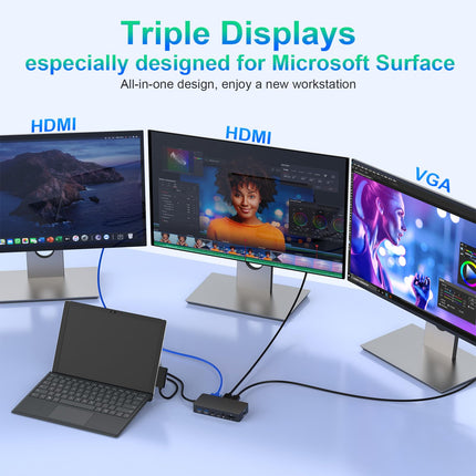 Microsoft Surface Dock 2 toiteadapteriga, 12-in-1 dokkimisjaam kahe HDMI+VGA-pordiga Surface Pro 11/10/9/8/X/7/6/5/4/3, sülearvuti 7/6/5/4/3/2/1, raamatu dokkimisjaam