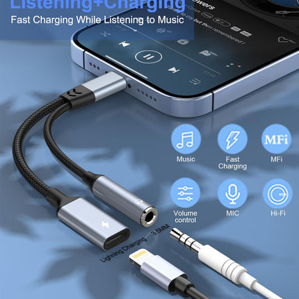 【Apple MFi sertifitseeritud】 2-ühes Lightning - 3,5 mm kõrvaklapipesa adapter iPhone'ile ja laadijale, kõrvaklappide muundur, jagaja, tugi muusikale + laadimine + HiFi + mikrofon + juhtimine iPhone'ile