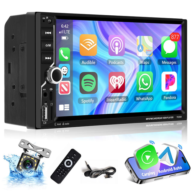 Podofo Carplay 2 DIN autostereo, 7-tolline HD puutetundliku ekraaniga Bluetooth-autoraadio, MP5-mängija, mis toetab juhtmevaba Android Auto/Bluetooth 5.1/MirrorLink/FM/USB/AUX/laadimist/pulti + tahavaatekaamera