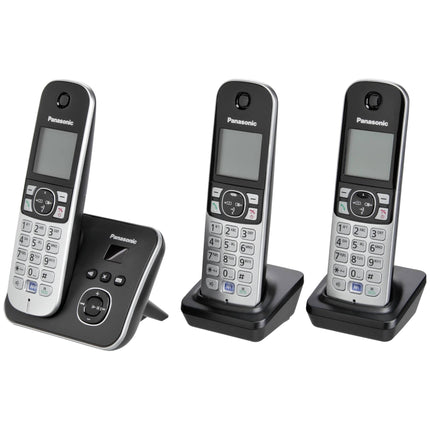 Panasonic KX-TG6823GB DECT juhtmeta telefon automaatvastajaga (3 telefonitoru, madala kiirgusega, ökorežiim, GAP-telefon, lauatelefon) must