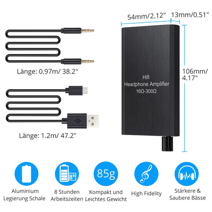 eSynic HiFi kõrvaklapivõimendi 16-300Ω koos HiFi võimenduslülitiga võimendiga 1000mAh laetavatele kõrvaklappidele, audiokaabli ja 1,2m USB-kaabliga nutitelefonidele, sülearvutitele, MP3-CD-mängijatele