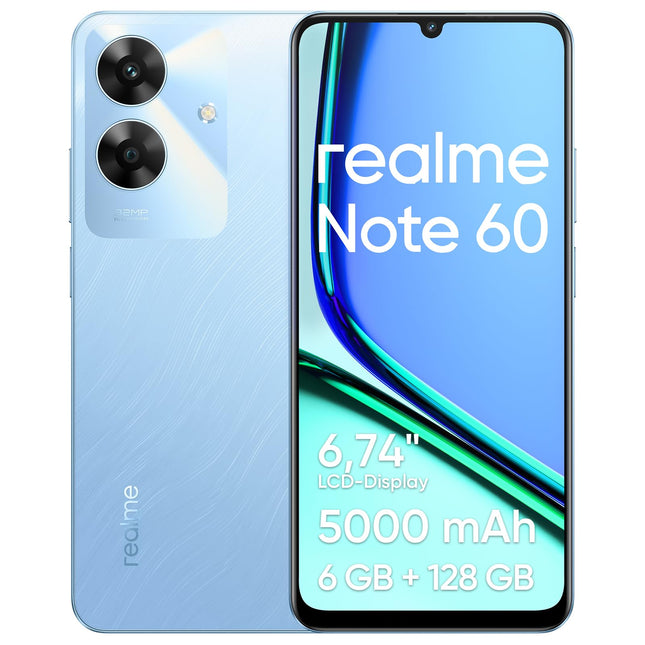 realme Note 60 – Android nutitelefon, kahe SIM-kaardiga 4G, 6,74-tolline 90 Hz LCD-ekraan, 6 GB muutmälu ja 128 GB ROM-mälu, 5000 mAh aku, 32 MP kaamera, sinine, adapterit pole