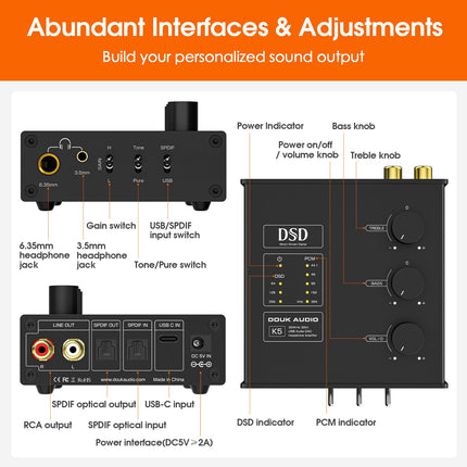 Douk Audio K5 PC DAC kõrvaklapivõimendi USB ja optilise sisendiga DSD256 võimendi, kõlari, Maci ja arvuti jaoks