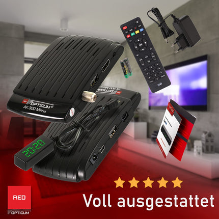 RED OPTICUM AX 300 mini satelliitvastuvõtja - digitaalne satelliidivastuvõtja HD - väline IR-andur LED-ekraaniga - HDMI - USB - 12V toiteallikas, ideaalne telkimiseks