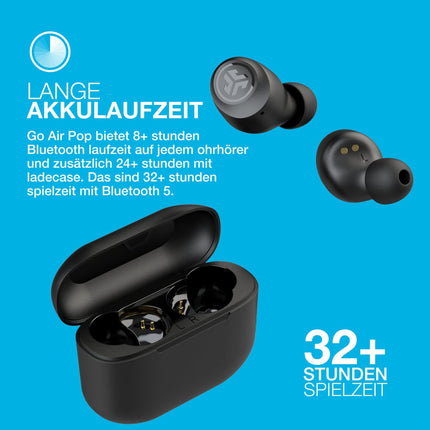 JLab Go Air Pop-kõrvaklapid, juhtmevabad Bluetooth-kõrvaklapid, tõeliselt juhtmevabad kõrvaklapid, üle 32 tunni mänguaega, juhtmevabad kõrvaklapid mikrofoniga, USB laadimisümbris, kahekordne ühendus, EQ3 heli, must