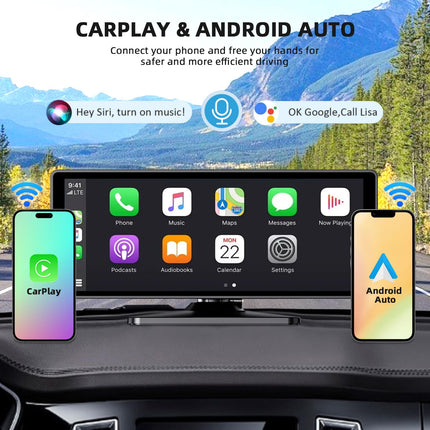 10,26-tolline juhtmevaba Carplay Android Auto ekraan, kaasaskantav autostereo 4K armatuurlauaga + 1080P tahavaatekaamera, Siri/Google Assistant, GPS-navigatsioon, Bluetooth, Mirror Link, FM, 64G TF kõikidele sõidukitele