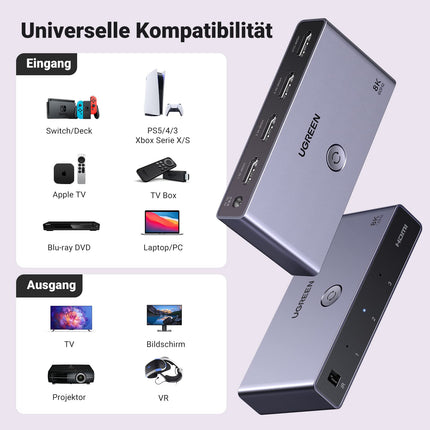 UGREEN HDMI 2.1 lüliti 8K@60Hz HDMI jaotur 3 sisendit 1 väljund HDMI lülituskonsool toetab VRR-i ja ALLM-i, Dolby Visioni, ühildub PS5, Xboxi, Apple TV ja DVD-mängijaga
