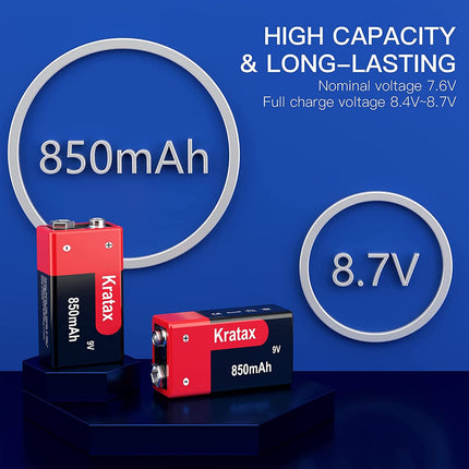 Kratax 9V Block 850 mAh Rechargeable Lithium-ion Batteries. [4 Pack] Suitable for multimeters, alarm systems, walkie-talkies, etc.