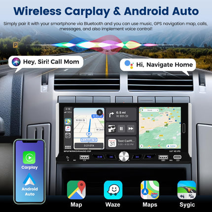 1 DIN autoraadio juhtmevaba Carplay ja Android Auto funktsiooniga - 6,9-tolline 2,5D IPS puutetundliku ekraaniga autoraadio ekvalaiseriga FM/RDS raadio SWC TF/USB ketta/Type-C sisendiga + AHD tahavaatekaamera