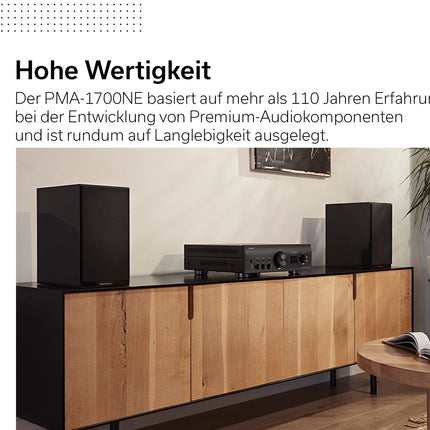 Denon PMA-1700NE HiFi võimendi, 2x140W, sisseehitatud fono-eelvõimendi, kõrgresolutsiooniga sertifitseeritud, täiustatud ülikõrge voolutugevusega ühe-push-pull vooluring, täiustatud AL32 protsessor Plus, must