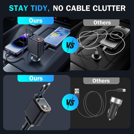 Ofottofo 4-ühes sissetõmmatav autolaadija adapter, 66W mobiiltelefoni kiire autolaadija sigaretisüütaja USB-C kaudu, autolaadimiskaabel, mis ühildub iPhone'i, Samsung Galaxy ja Google Pixeliga, must