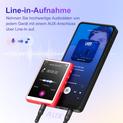MECHEN Bluetooth 5.3 MP3-mängija puutetundliku ekraaniga, 64 GB MP3-mängija kõlariga, HiFi-heli, FM-raadio, muusika, video, e-raamatud, diktofon, kaitseümbris (punane)