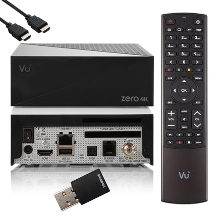 Vu Plus Zero 4K - UHD HDR satellite receiver, 1x DVB-S2X tuner, E2 Linux Smart, YouTube, CI+, media player, HbbTV, USB, 300Mbit WLAN, HDMI cable