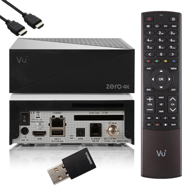 Vu Plus Zero 4K - UHD HDR satellite receiver, 1x DVB-S2X tuner, E2 Linux Smart, YouTube, CI+, media player, HbbTV, USB, 300Mbit WLAN, HDMI cable
