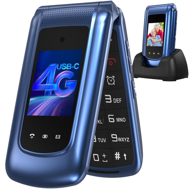 4G Flip Phone for Seniors with Large Buttons, Dual-SIM Flip Mobile Phone with Charging Cradle | SOS Emergency Call Function | Speed ​​Dial | Flashlight | FM Radio | 2.4+1.77 Inch Dual Color Display | Blue