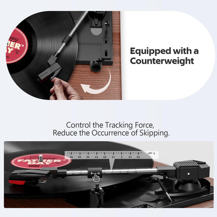 Record Player, FYDEE Vinyl Record Player Bluetooth Record Player Vintage Turntable with Built-in Stereo Speaker and 3-Speed ​​33/45/78 RPM, RCA Output, AUX Input - Walnut
