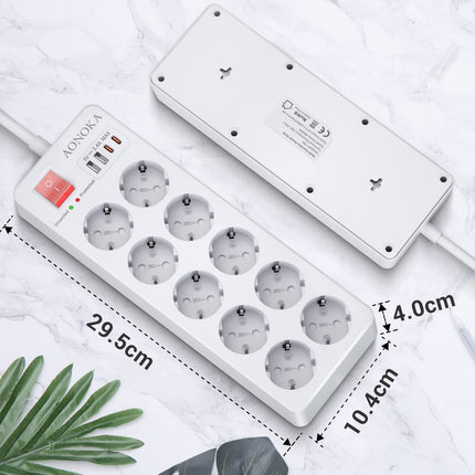 10-osaline mitmikpistikupesa ülepingekaitsega kuni 1700 džauli, pikendusjuhe USB-C-ga, pikendusjuhe lülitiga, 4 USB ja 10 pistikupesa, seinale kinnitatav jaotusjuhe, Schuko pistik, 1,5 m, valge