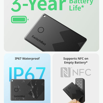 SwitchBot Walleti jälgimiskaartide 2 tk pakk, AirTag kaart ühildub Apple Find My rakendusega (ei tööta Androidiga), jälgija kuni 3-aastase aku tööeaga (mittelaetav), veekindel IP67